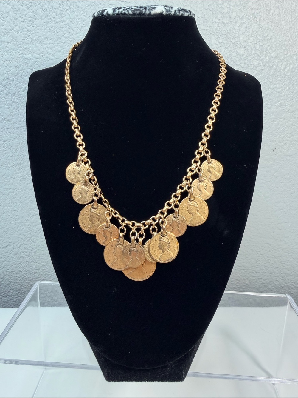 Vintage Gold Tone Multi Coin Statement Necklace Queen Elizabeth